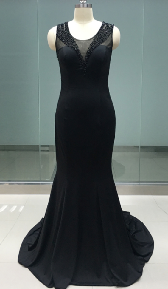 Real Photo Spandex Black Evening Dress Mermaid Sheer Back Beading Girl Prom Party Dress