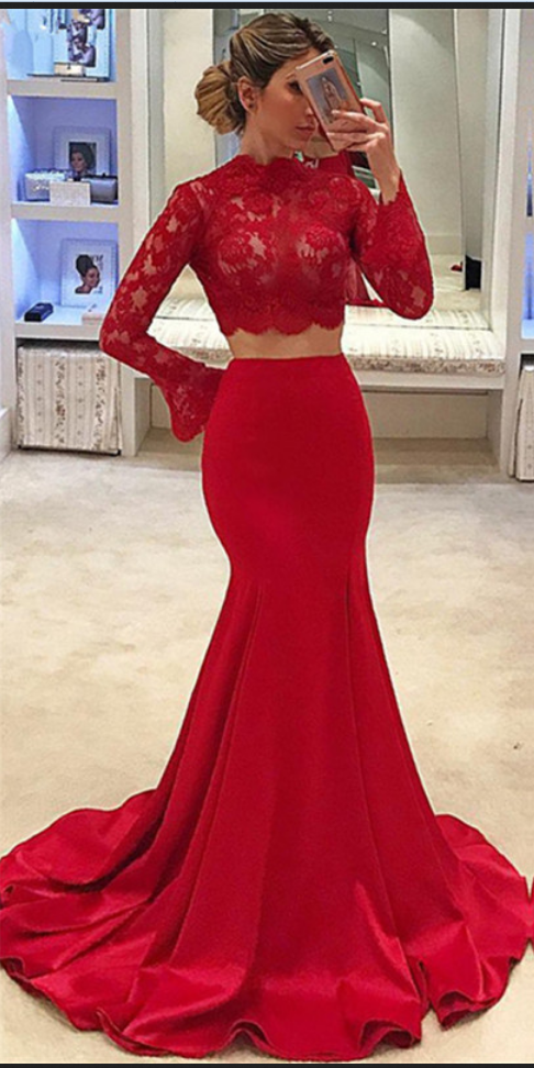 two piece long sleeve mermaid dress Lace Long Sleeve Two Piece Prom Dress Mermaid