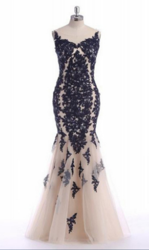 Evening Dress-sleeveless Round Floor-length Applique Mermaid Evening Dress Customized