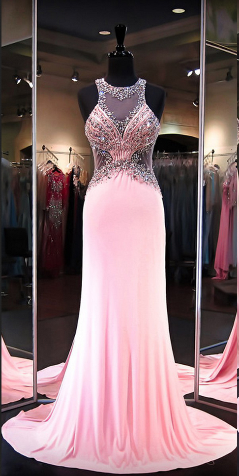 Illusion Tank Prom Dress With See-through Back, Beaded Pink Prom Dresses With Cutouts, Sleeveless Prom Dresses,