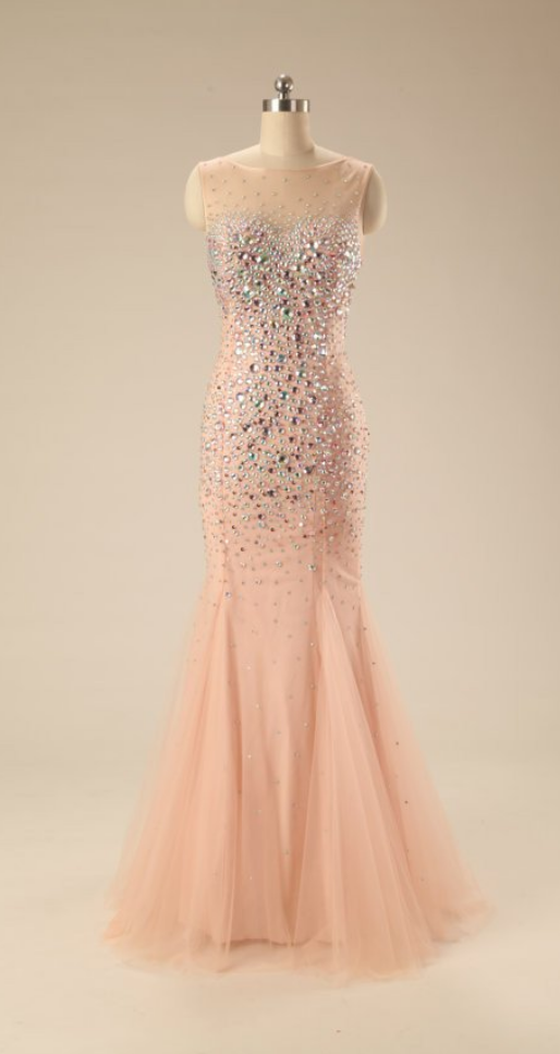 Light Pink Tulle Beading Prom Dresses,sequins Round Neck Bowknot Mermaid Long Evening Dresses