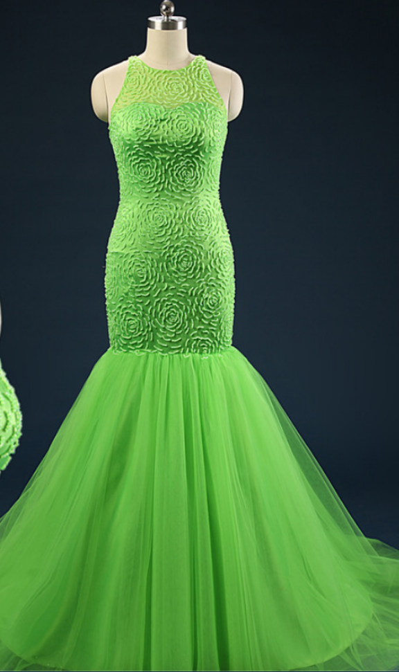 Bright Green Elegant Mermaid Prom Dresses Jewel Keyhole Evening Party Dresses With Beaded