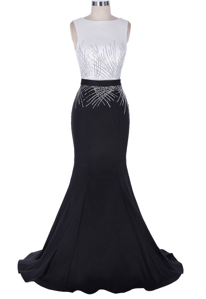Mermaid Prom Dresses Long Sequins Wedding Party Dresses Black White Sexy Trumpet Deep V Back Elegant Full Length Prom Dress