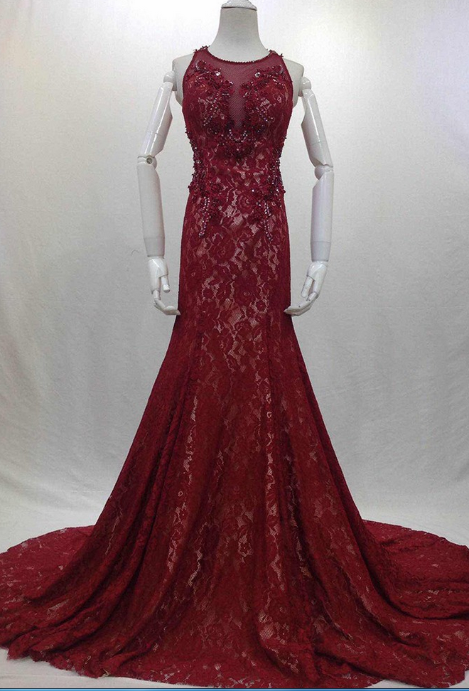Fashionable Beading Red Evening Dresses Real Photos Long Elegant Sexy Party Lace Chapel Train Prom Dresses