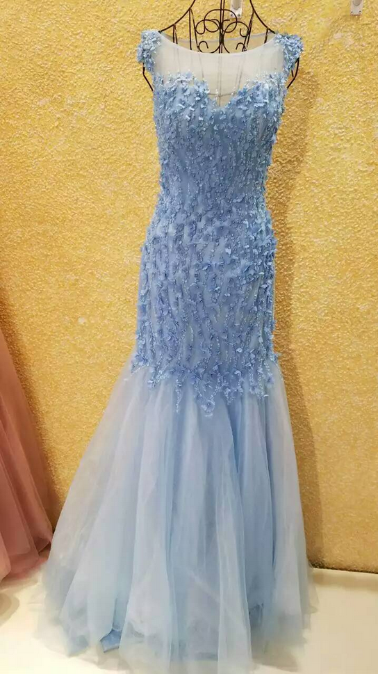 Blue Evening Dress,mermaid Evening Dress,evening Dress With Illusion Back ,cap Sleeves Evening Dress,evening Dress With Flowers,