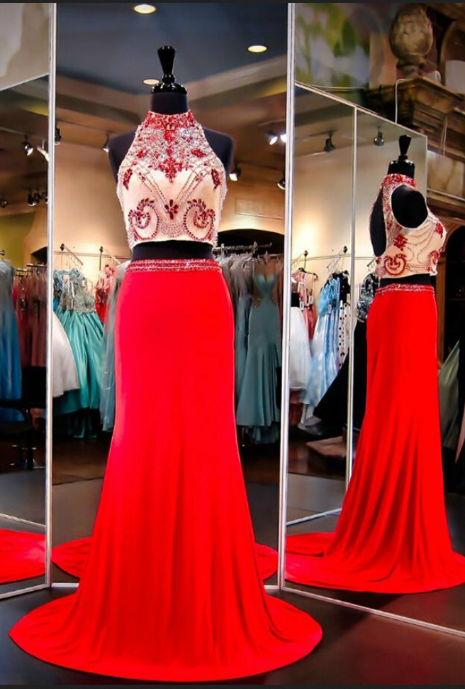 Modest Prom Dresses,sexy Prom Dress,high Collar Two Piece Prom Dresses Beading Open Back Long Evening Gowns