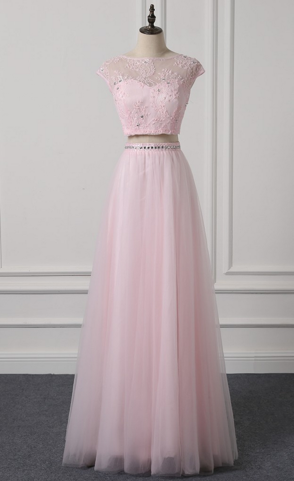 Pink Two Pieces A Line Prom Dresses , Lovely Beading Evening Gowns ,special Occasion Dresses ,bridesmaid Gowns Real Photo