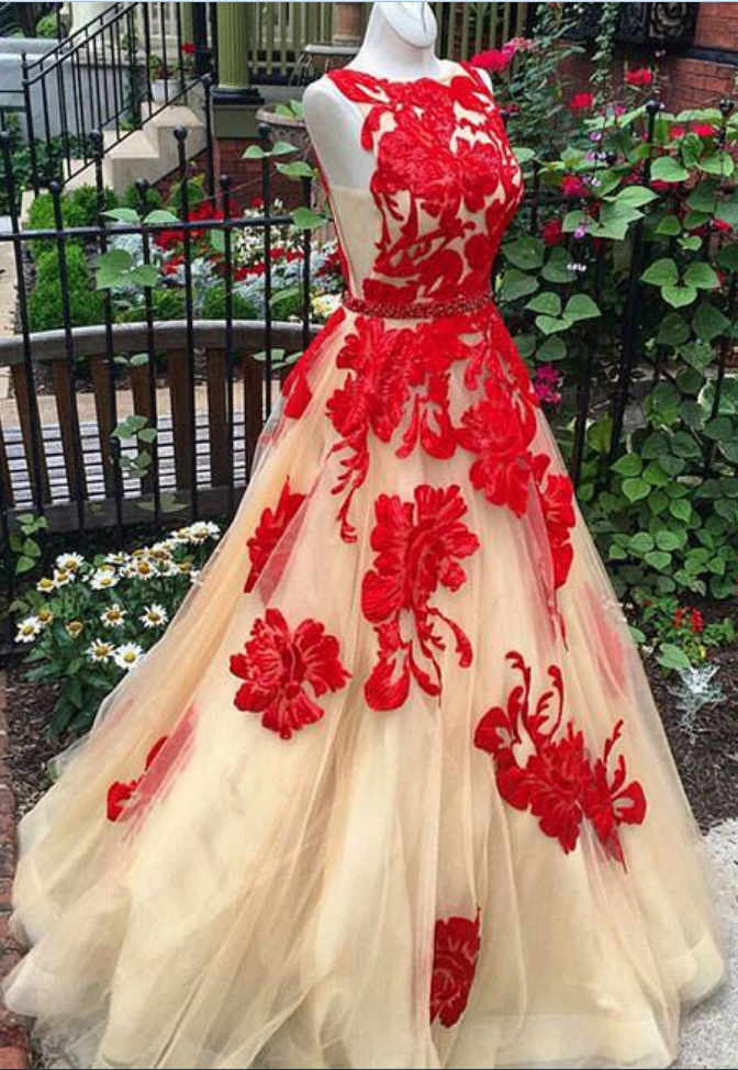 Champagne Tulle Prom Dresses,lace Scoop Long Prom Evening Dress on Luulla