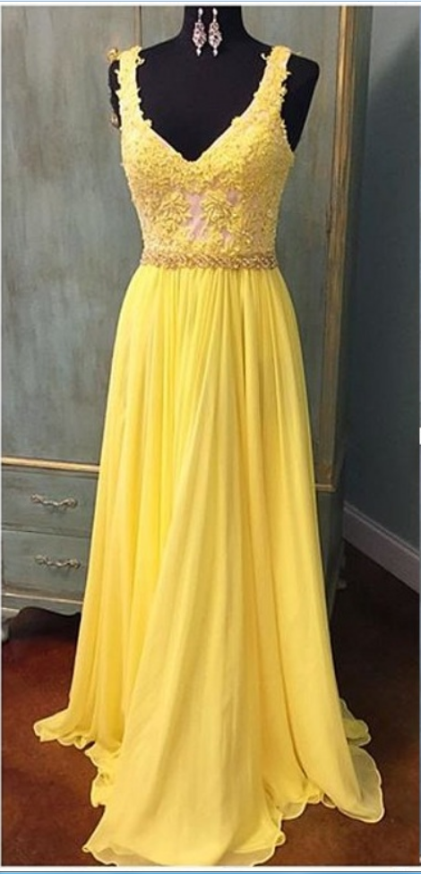 Elegant Yellow Formal Dress V Neck Party Dress,lace Tops Chiffon Prom Dress