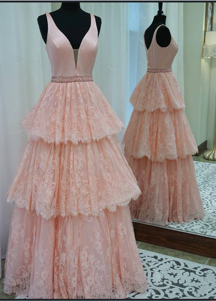 A Line High Quality Blush Pink Lace Prom Dress,tiered Skirt Lace Formal Party Dress
