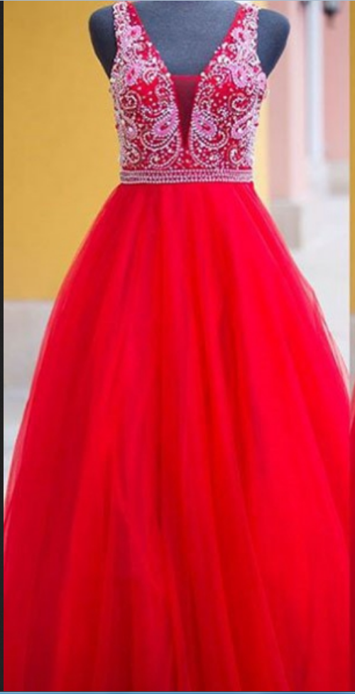 Red Delicate Beading Ball Gown Tulle Prom Dresses