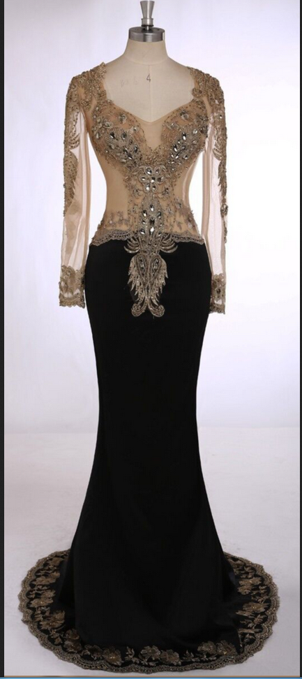 Black Mermaid Prom Dresses, Floor-length Prom Dress, With Beading Evening Dress