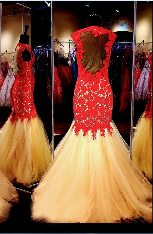 Gold Prom Dress With Red Lace,formal Dress,prom Dress Mermaid,lace Prom Gown,prom Dress Long,homecoming Dress Long, 8th Grade Prom Dress,holiday