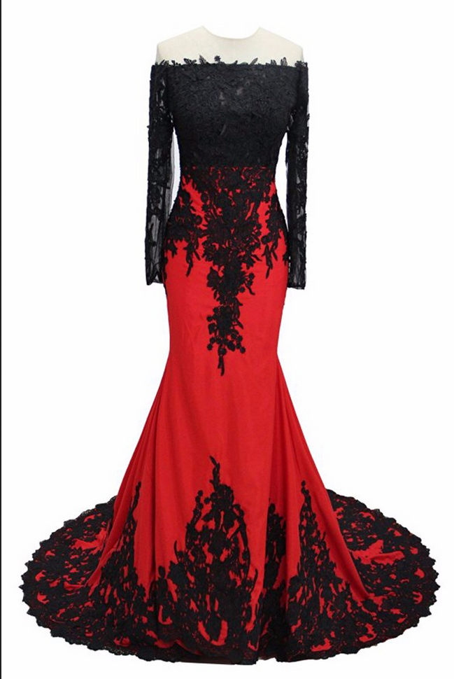 Robe Longue Femme Soiree Sheer Neck Black And Red Mermaid Evening Dresses