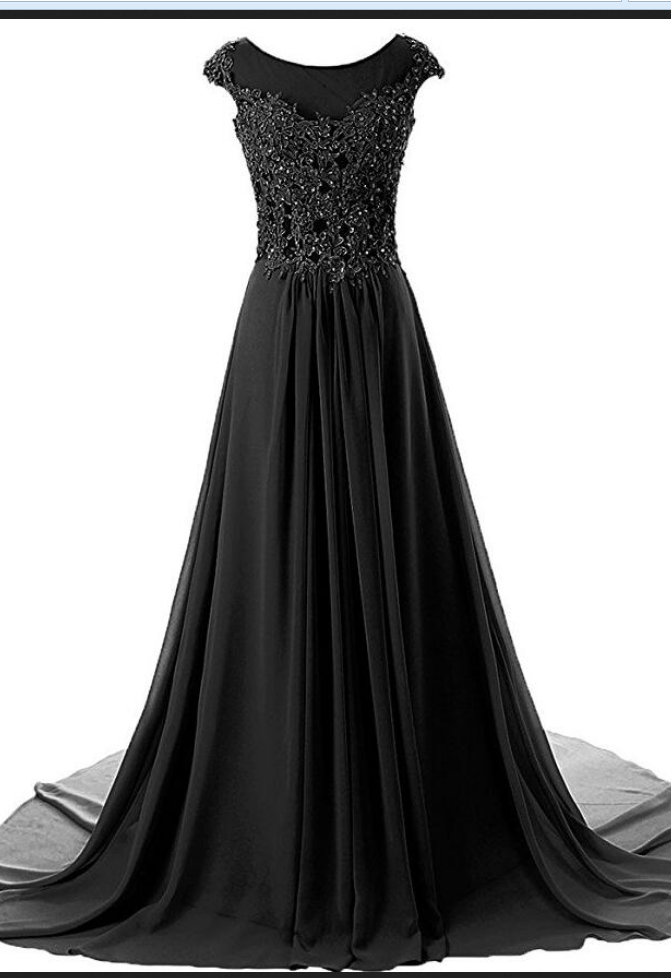 Cap Sleeves Long Chiffon Appliqued Evening Gown Prom Dresses