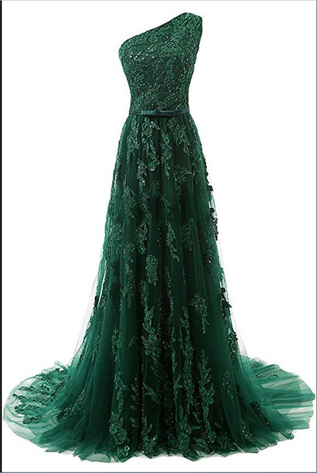 emerald green one shoulder gown