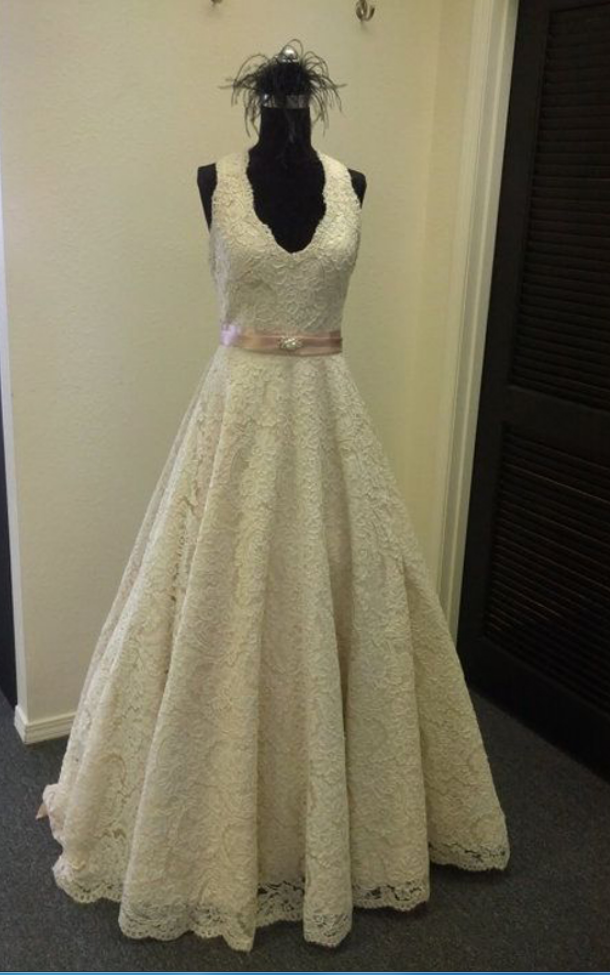 Lace Plunge V Sleeveless Floor Length A-line Wedding Dress Featuring Beaded Embellished Belt
