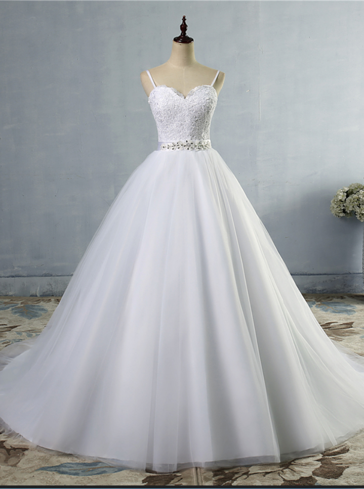 Long Wedding Dress, Spaghetti Strap Wedding Dress, Tulle Wedding Dress, Lace Bridal Dress