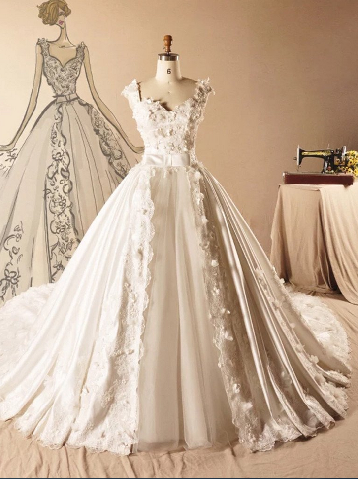 Vantage Satin Long A-line Appliques White Lace Tulle Wedding Dresses,