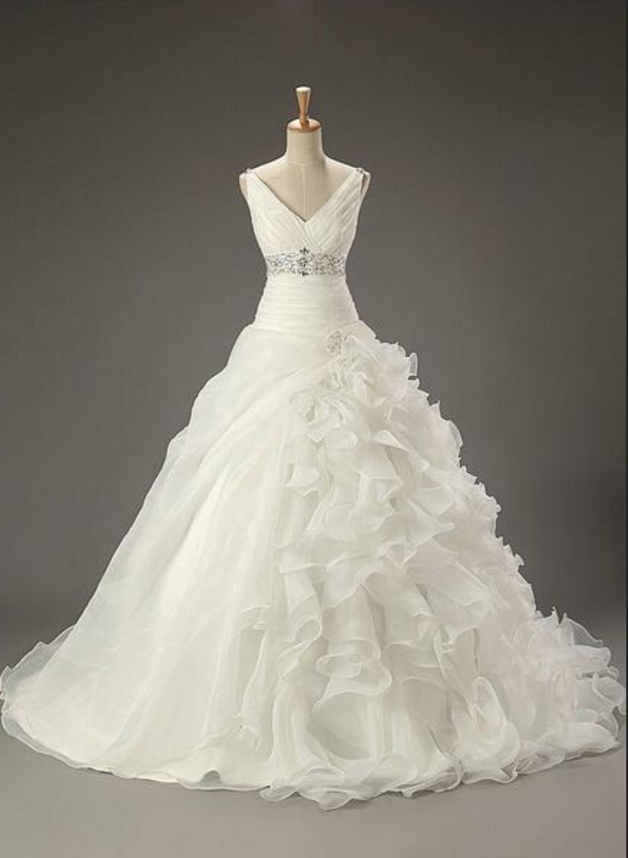Custom Made White V-neckline Chiffon Ruffle A-line Wedding Dress