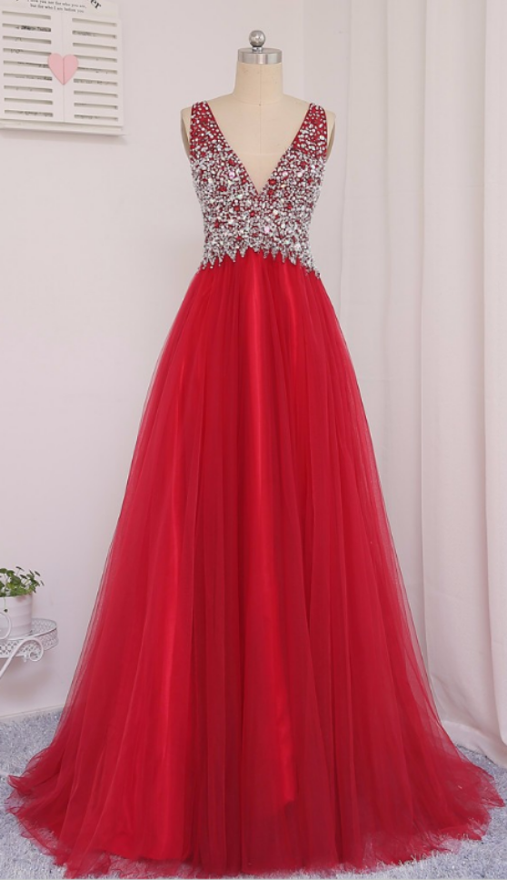 Red A-line V-neck Floor-length Beaded Crystal Prom Dresses Vestido De Festa Evening Gowns