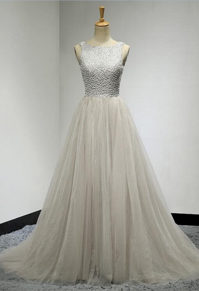 Light Gray Full Beading Lace A Line Bridesmaid Dress Party Dress Tulle Long Evening Dress Prom Dress
