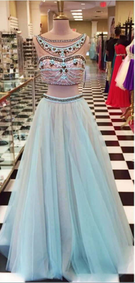 Two Pieces Tulle Prom Dresses Crew Neck Beading Crystals Evening Dresses Party Gowns Vestidos