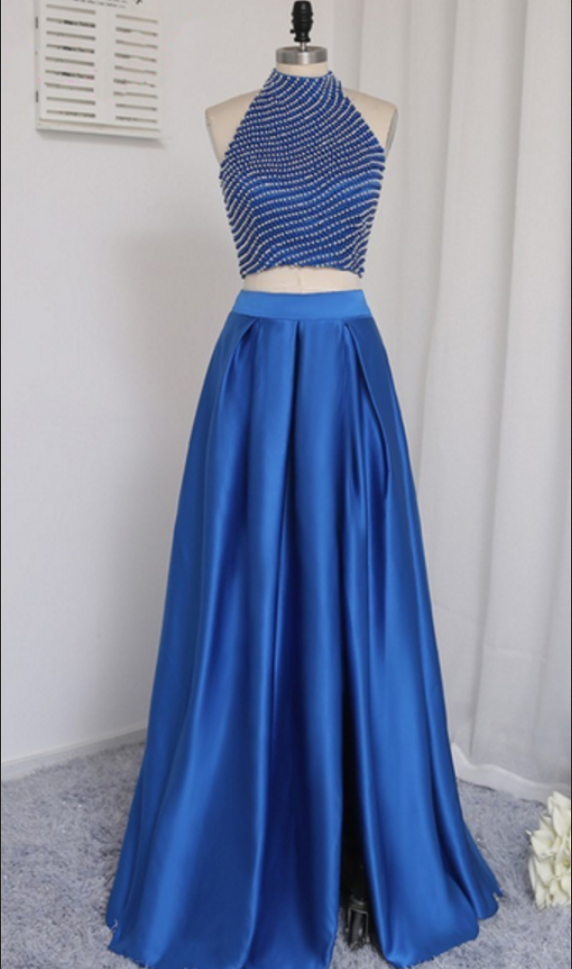 Two Pieces Long Satin Prom Dresses Halter Neck Beaded Women Prom Dresses