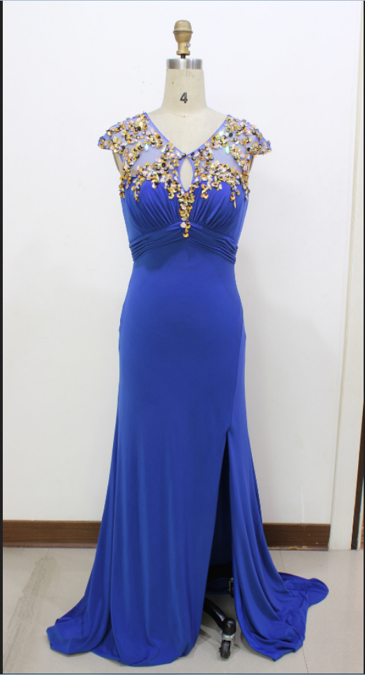Prom Dress,real Image Picture Evening Dresses Sexy Royal Blue Side Slit Flower Backless Long Formal Prom Party Gowns