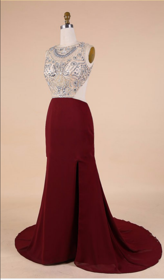 Slit Side Chiffon Women Evening Gowns Sexy Backless Cap Sleeve Crystal Beaded Floor Length