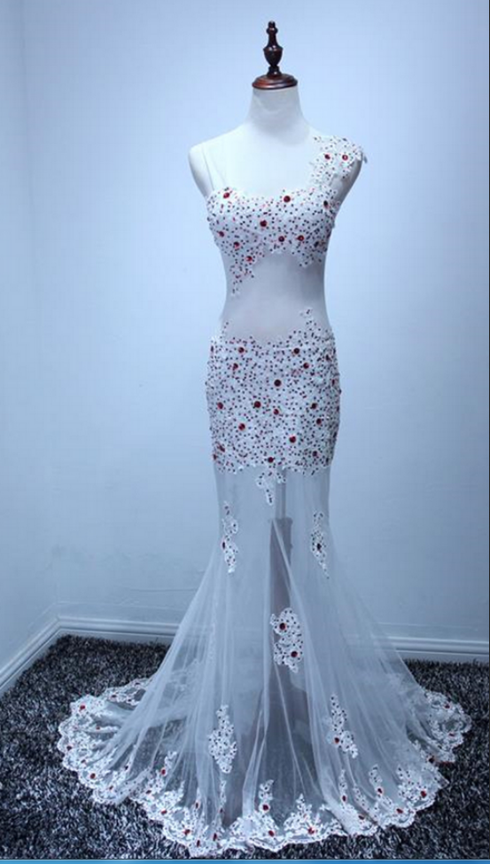 Custom Made White Prom Dress,sexy See Through Evening Dress,mermaid Beaded Party Dress