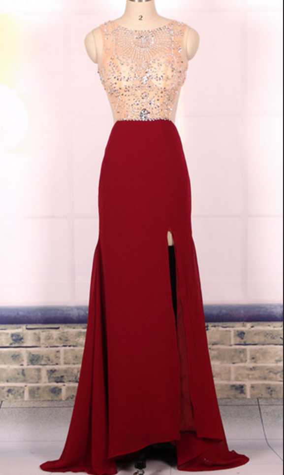 Prom Dress, Custom Ball Gown Beaded Sexy Backless Wine Red Long Prom Dresses