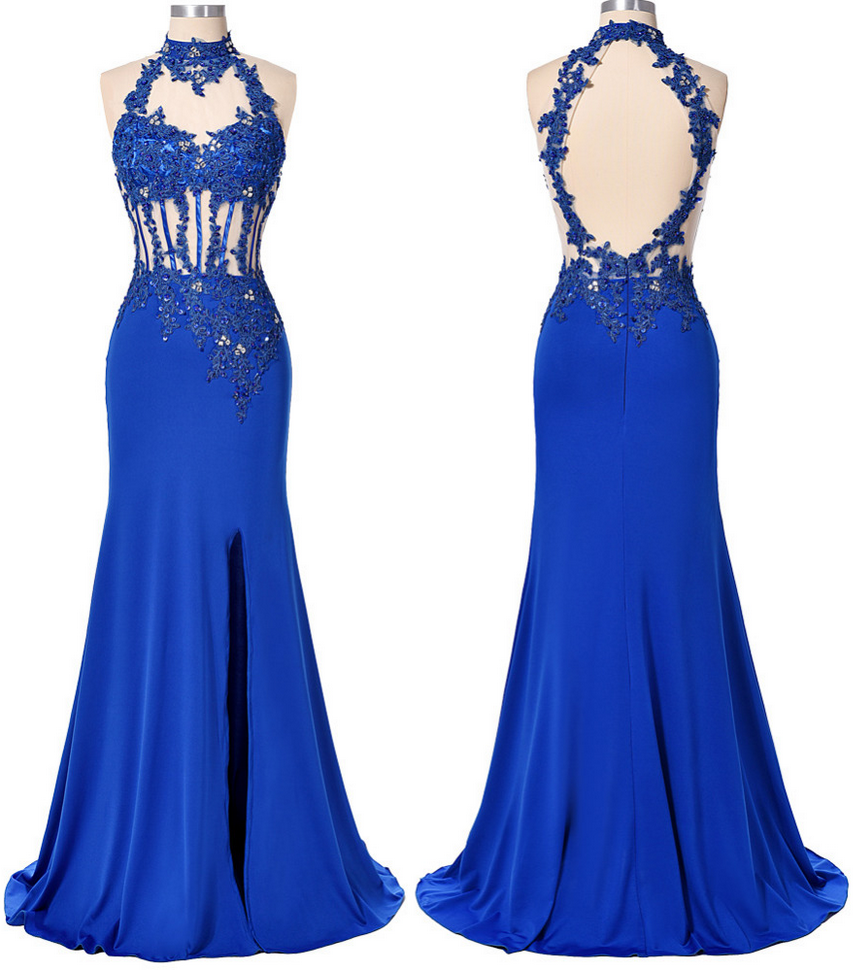 Split Side Evening Dress ,blue High Neck Evening Dress,lace Appliques Formal Dress With Beaded,long Prom Dress