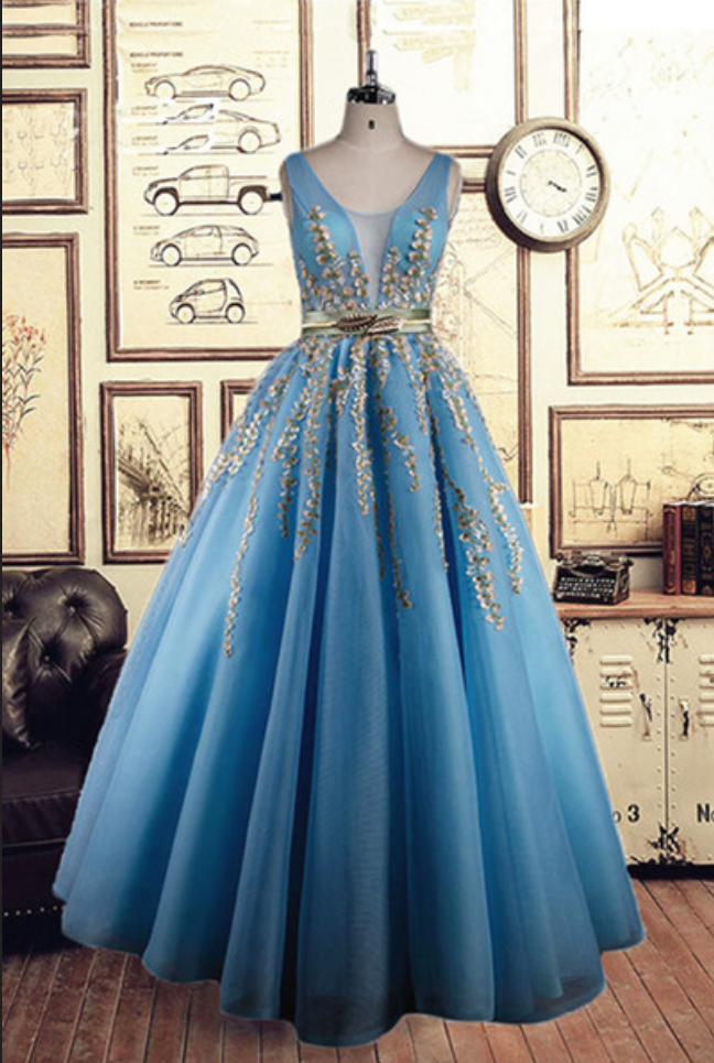 Unique Blue Organza Long Golden Lace Appliqués Formal Prom Dress, Golden Belt Long Evening Dress