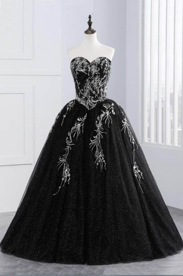 Princess Black Tulle Long Prom Gown, Strapless Long A-Line Evening Dress