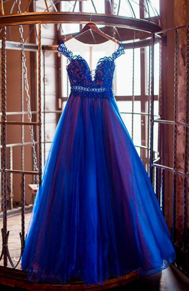 Blue Round Neck Tulle Long Prom Dress, Blue Evening Dress