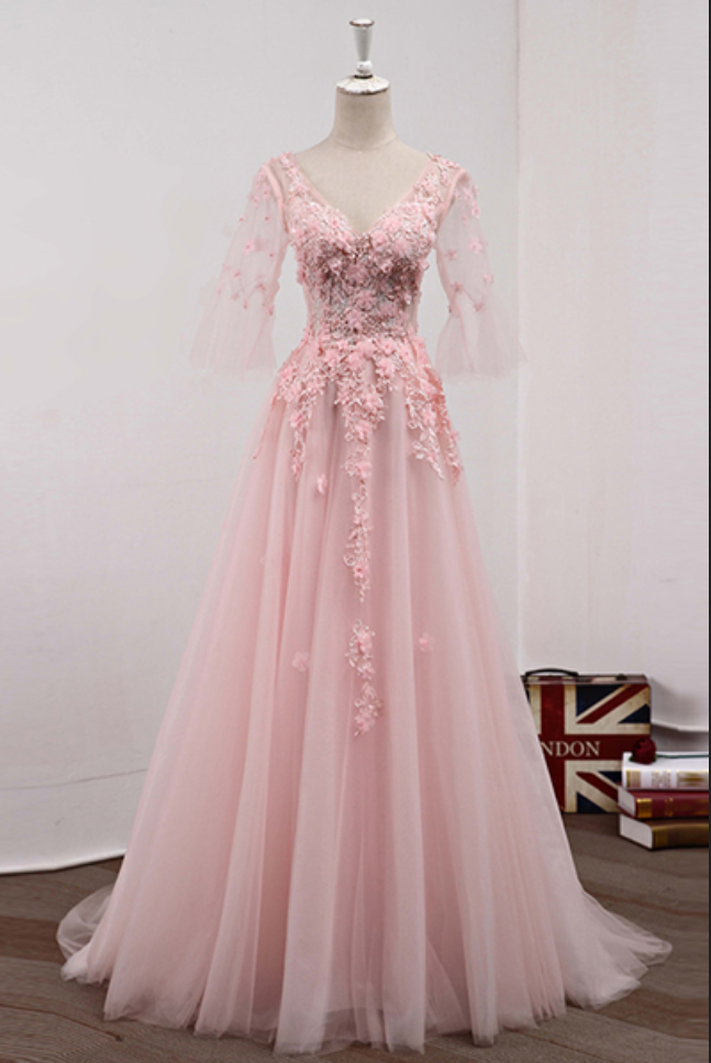 Sweet Pink A-line Applique Tulle Long Prom Dress With Short Sleeves