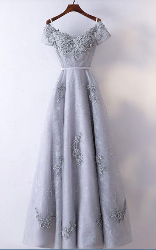 Simple Gray A-line V Neck Applique Tulle Long Prom Dress Lace Evening Dress