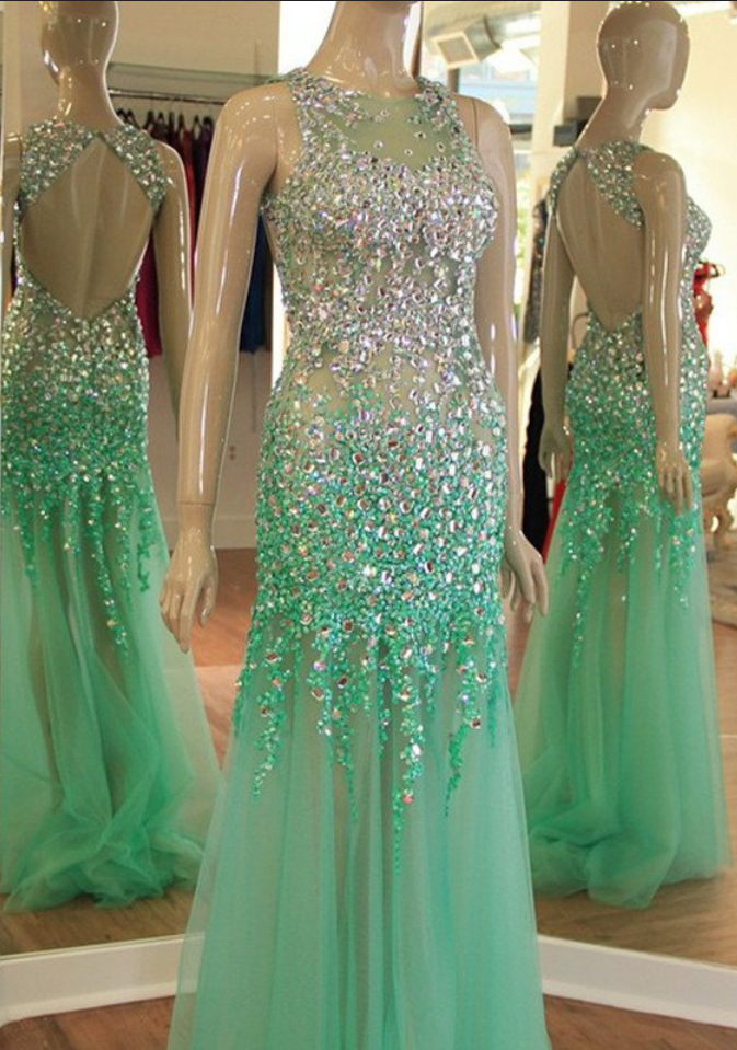 Mint Tulle Sparkly Rhinestone Beaded Prom Dresses Open Back Sexy Formal Dresses Mermaid Shinny Long Prom Gowns Graduation Dresses