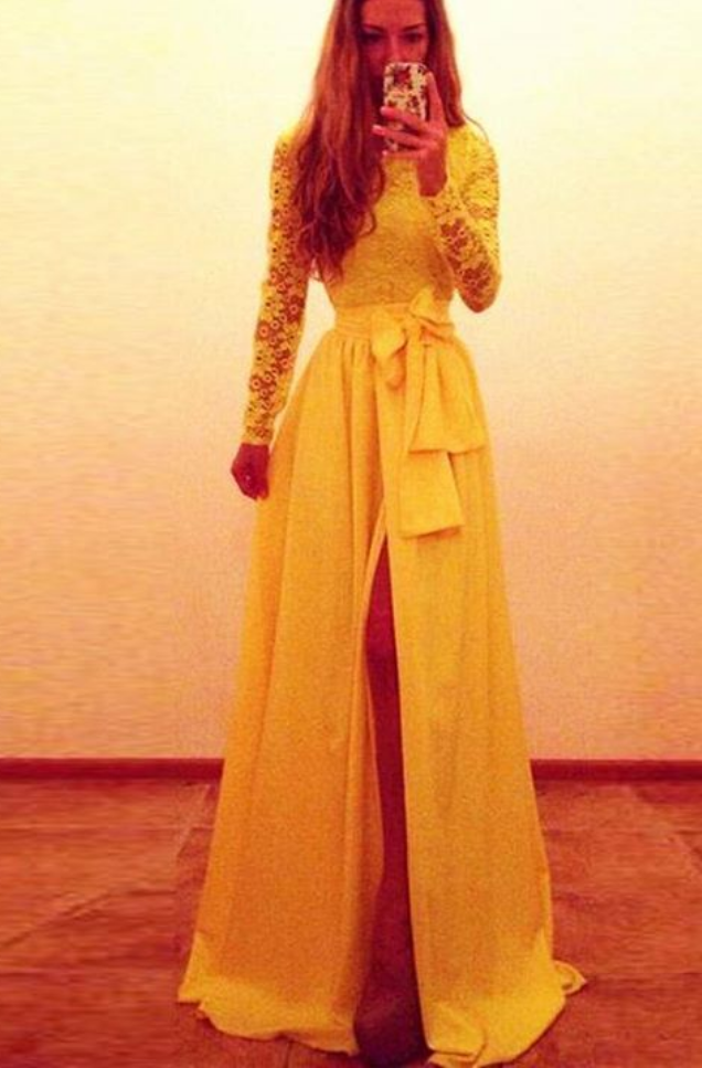 Sexy Prom Dress,yellow Long Sleeves Lace Prom Dresses Front Slit With Bow Sash A-line Evening Gowns