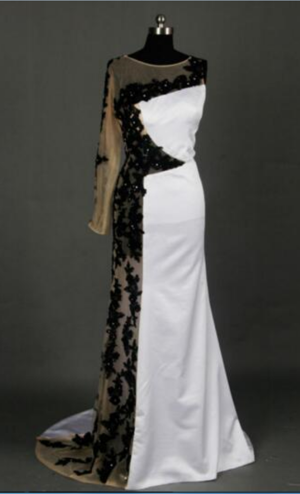 Fashion Pizzo Nero A Manica Lunga Bianco E Side Sheer Vedere Attraverso Prom Dresses