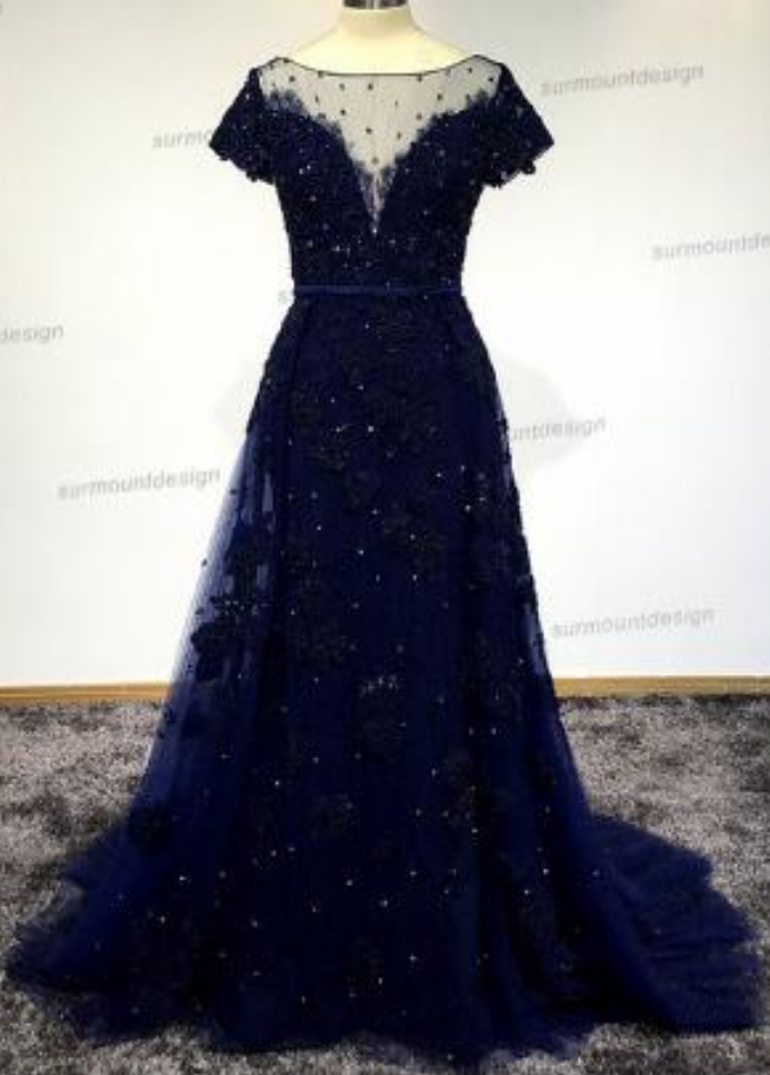 Women Long Dark Navy Evening Dress Sexy Short Sleeves Lace Tulle Appliques Ball Gown Formal Prom Dress