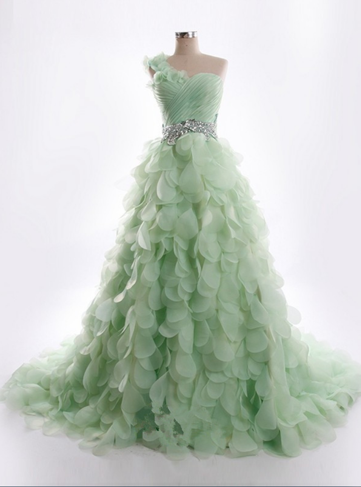 Organza One-shoulder Beading Dresses With Floral Leaves