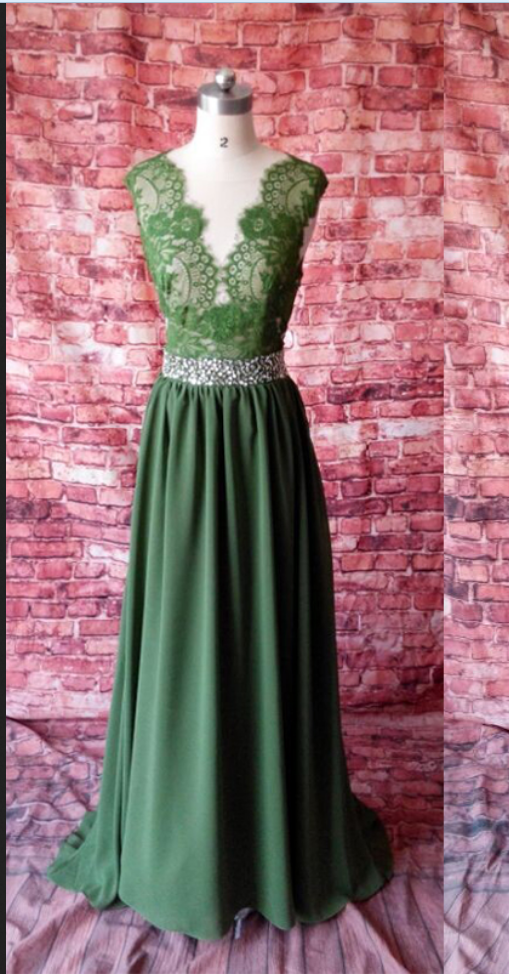 Green Prom Dress,fashion V Neck Backless Top Lace Green Long Chiffon Prom Dress,long Party Dress, Green Evening Dress