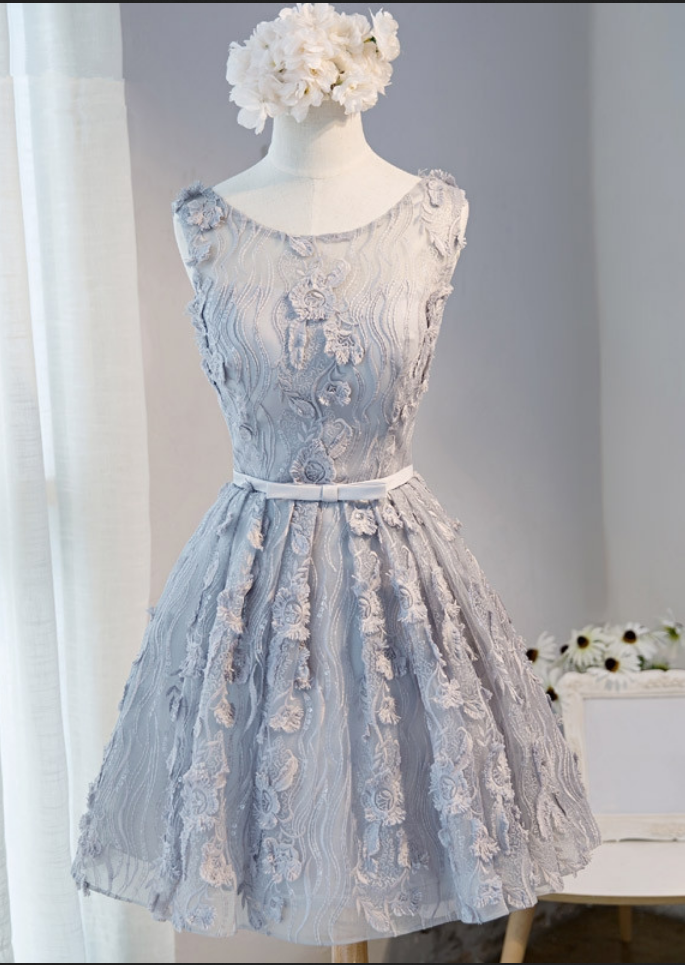 A-line Scoop Sleeveless Short Silver Lace Homecoming Dress With Appliques  on Luulla