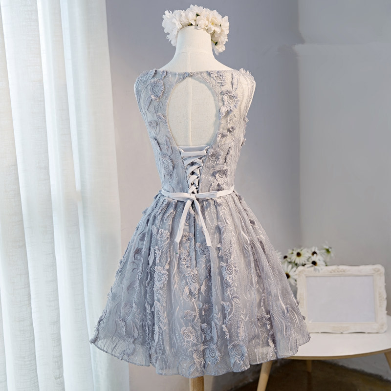 A-line Scoop Sleeveless Short Silver Lace Homecoming Dress With Appliques  on Luulla