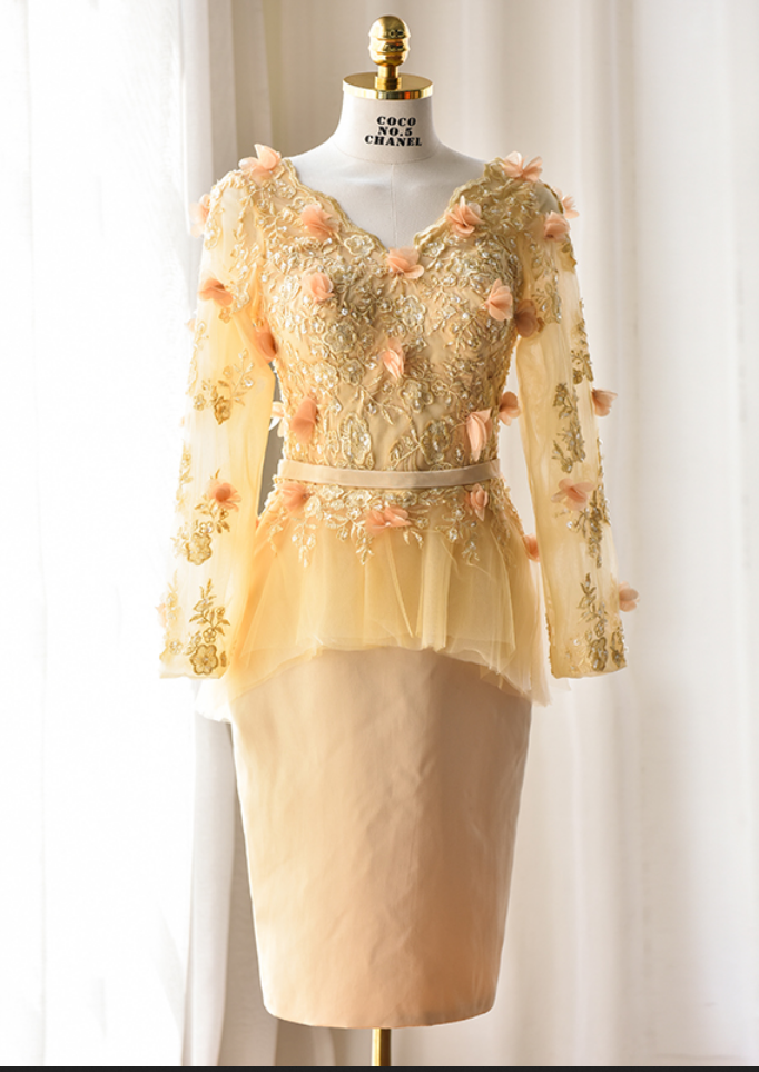 Sheath V Neck Long Sleeves Lace Flowers Knee Length Peplum Celebrity Gown Evening Dress Short Prom Dress Cocktail Dresses