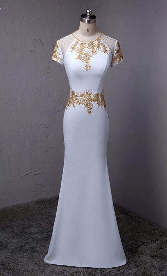 Elegant White Mermaid Prom Dresses Evening Wear Dress Formal Women Gown Gold Appliques