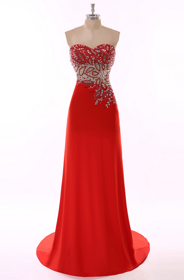 Robe De Soiree Long Sweetheart Red Long Evening Dress Luxury Beaded Rhinestone Evening Gowns Formal Dresses