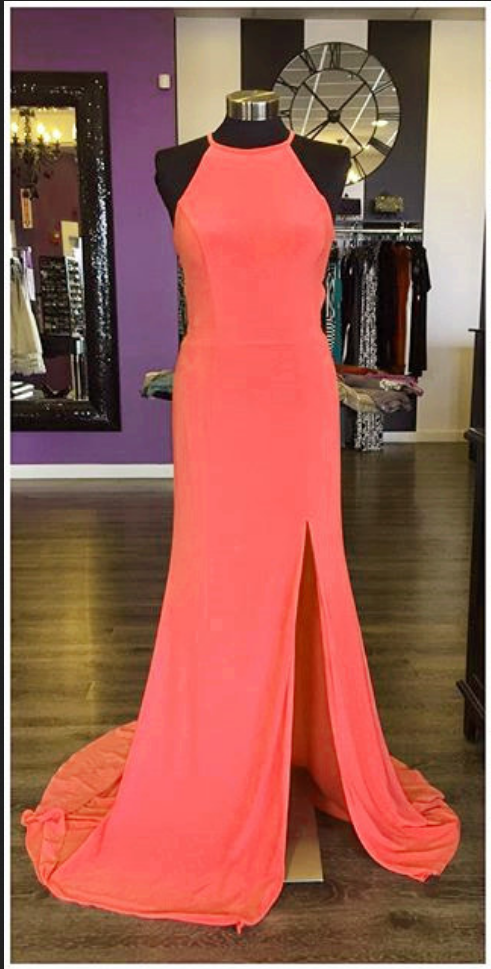 Long Jersey Coral Pink Mermaid Prom Dresses With Slit Sexy